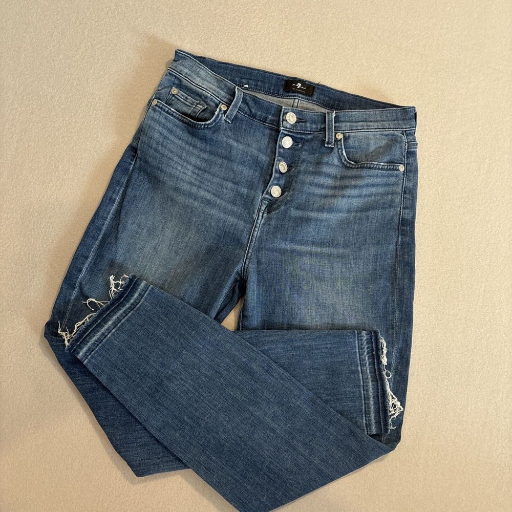 7 For All Mankind‎ 30 Blue Button Fly Medium Wash Denim Released Hem EXCELLENT